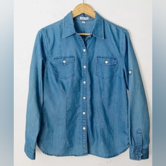 Per Se Blue Button Down Chambray Cotten Blend Shirt, 1X - Picture 3 of 3